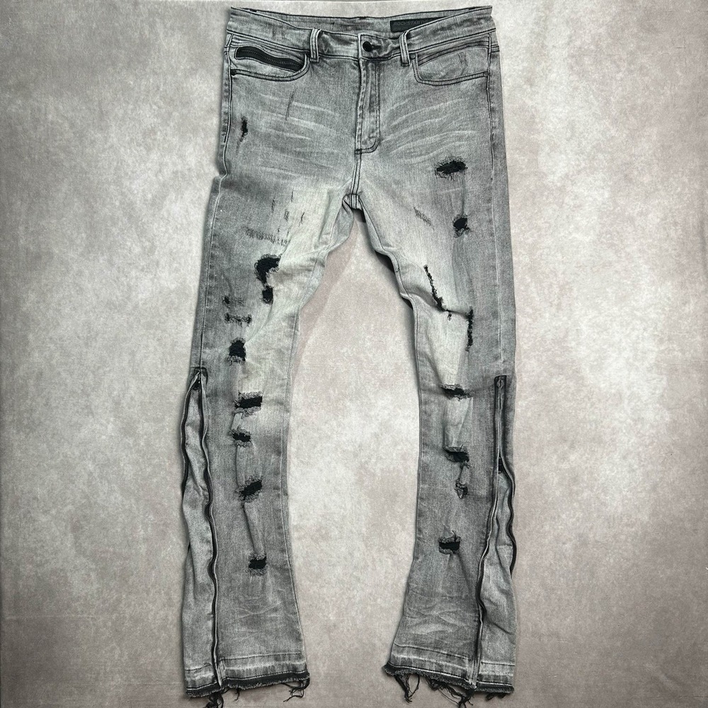 Rockstar Original RSM205 Flare Denim Jeans 34 Faded Black Baggy Grunge Distress